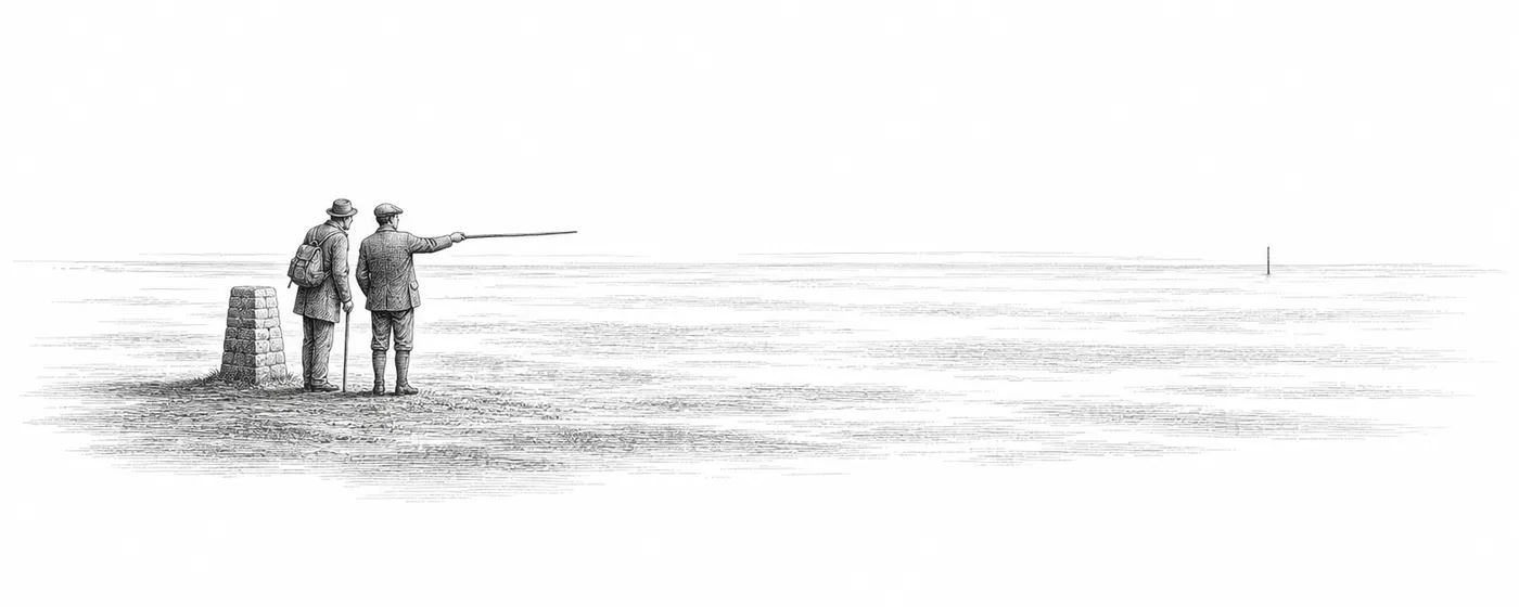 Two people stand by a stone marker on an open plain; one points a staff toward a distant pole on the horizon